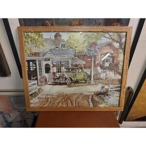 Vintage Style Gas Frame Gas Station & Cars Picture